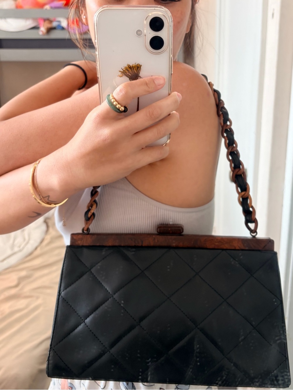 CHANEL Black Quilted Leather Shoulder Bag with Brown Wood Trim - Picture 13 of 13